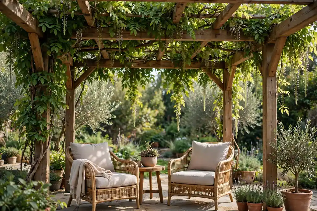 Wood pergola with climbing vines shading patio chairs.
