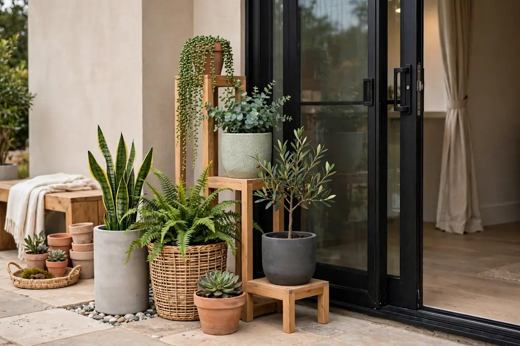 Cluster of planters at different heights beside a patio door.