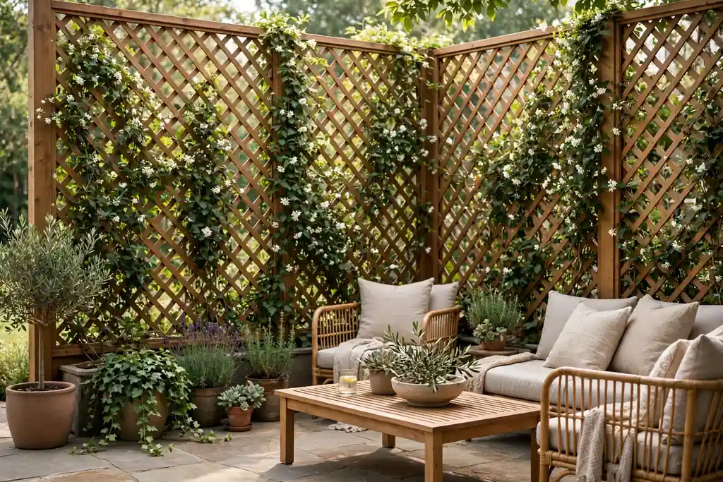 Lattice privacy screens with climbing plants along a patio edge.