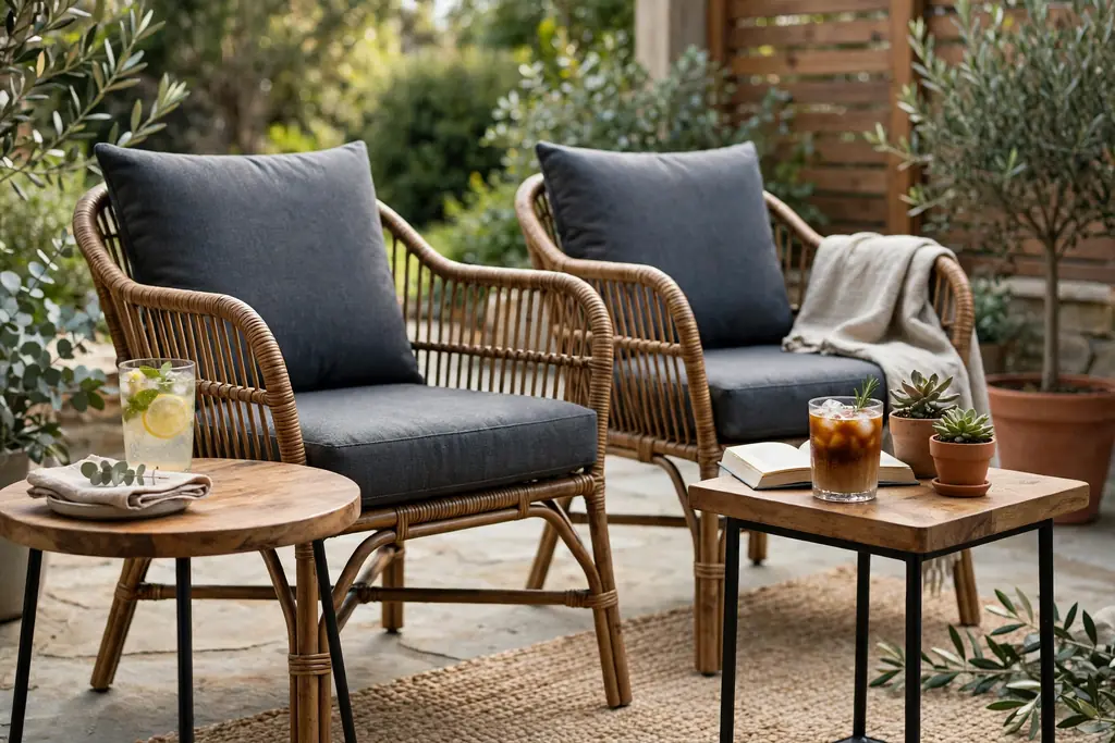 Small side tables beside patio chairs holding drinks and a book.