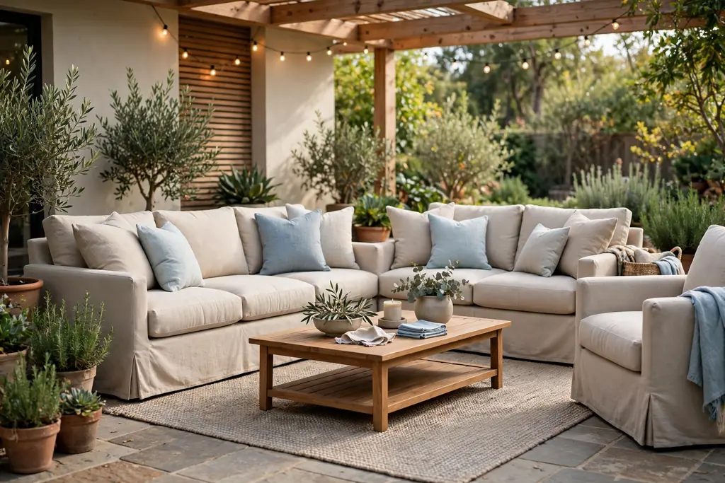 Deep seat outdoor sofa group with washable cushions around a low coffee table on a patio.