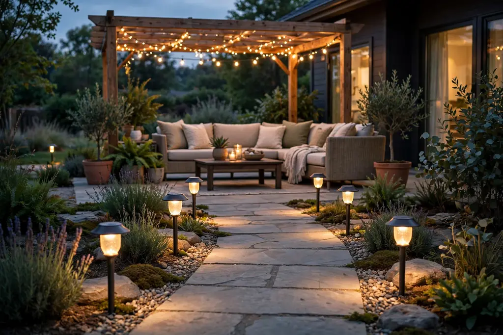 Solar path lights along a walkway to a patio seating area at dusk.