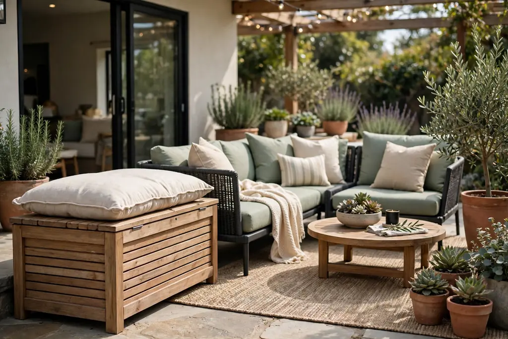 Storage bench with a cushion beside a patio seating group.