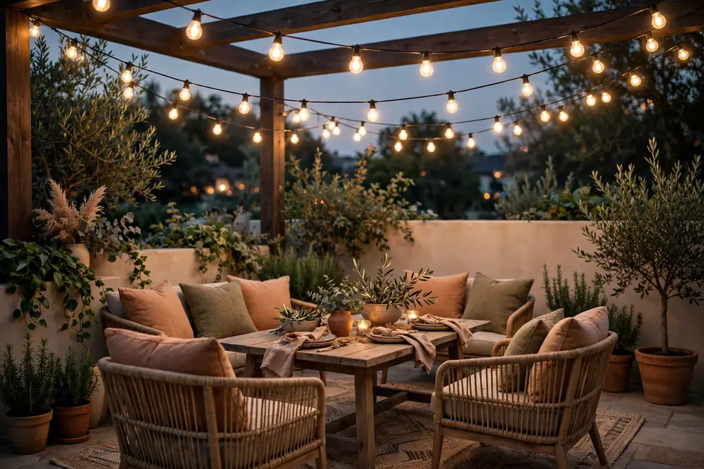 Warm string lights hung over a patio seating area at dusk.