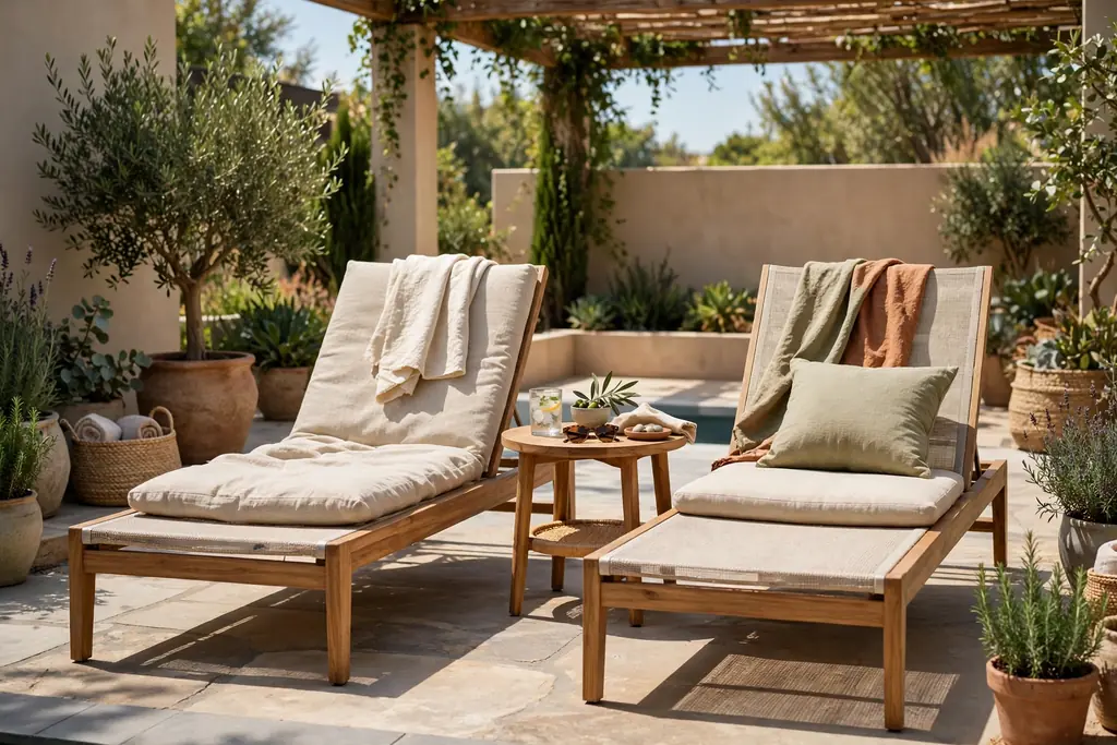 Two sun loungers with a shared side table on a sunny patio.