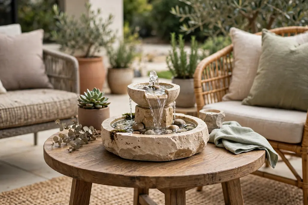 Small tabletop fountain on a patio side table near seating.