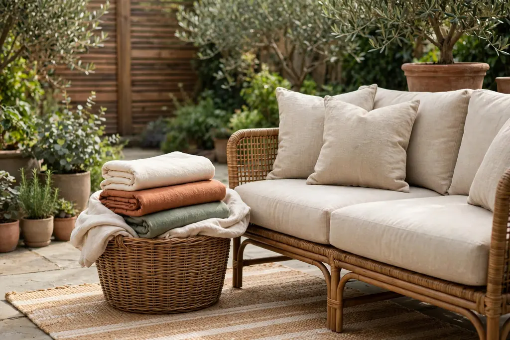 Woven basket of folded throws beside a patio sofa.