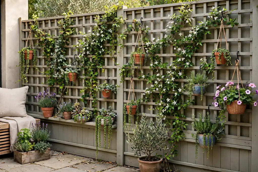 Trellis garden wall with climbers and hanging pots on a patio fence.