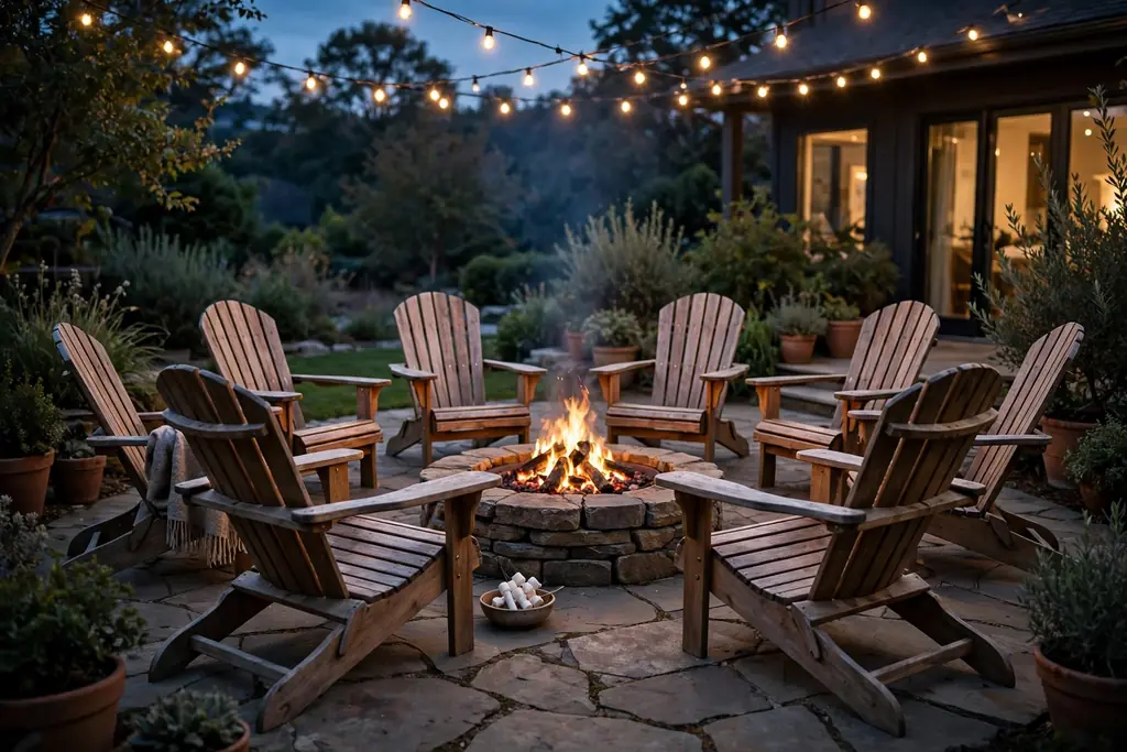 Adirondack chairs arranged around a fire pit on a patio at dusk.