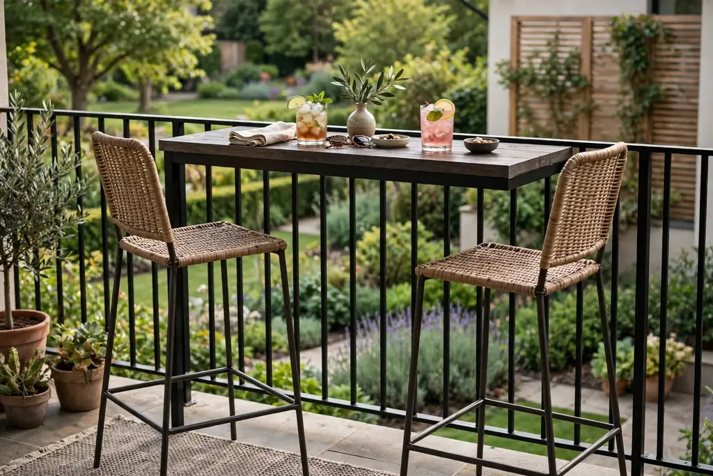 Bar height table with stools beside a patio railing.