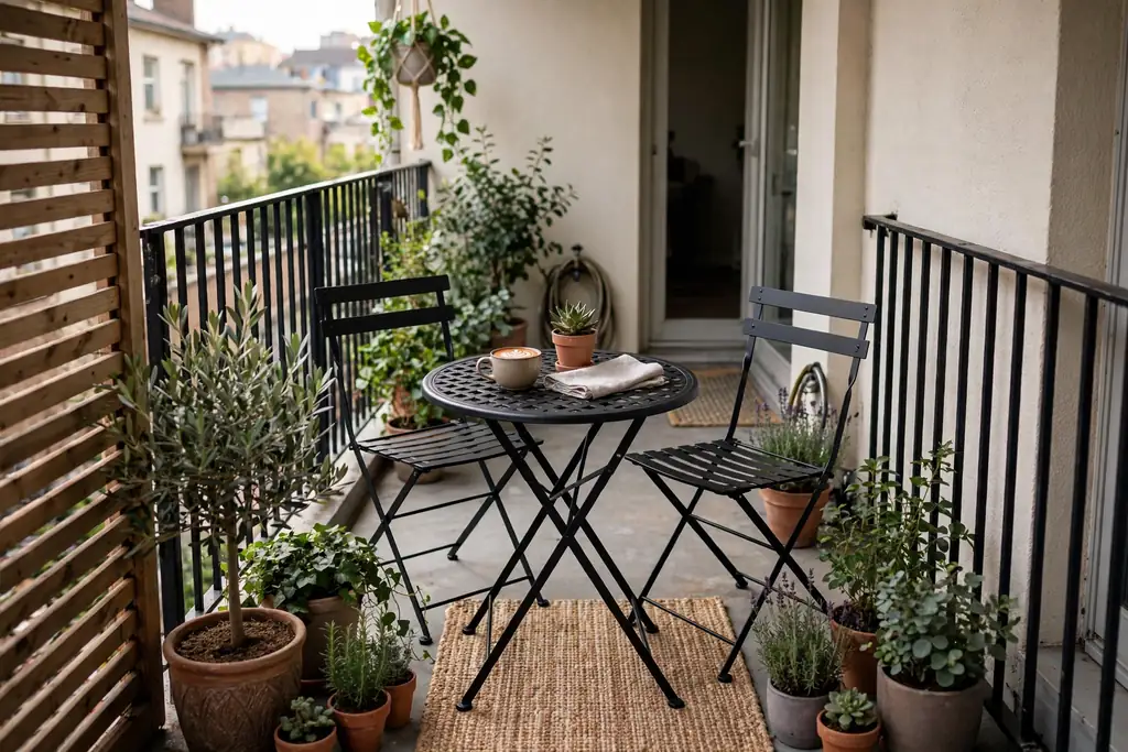 Small metal bistro set with two chairs and a round table on a narrow patio.