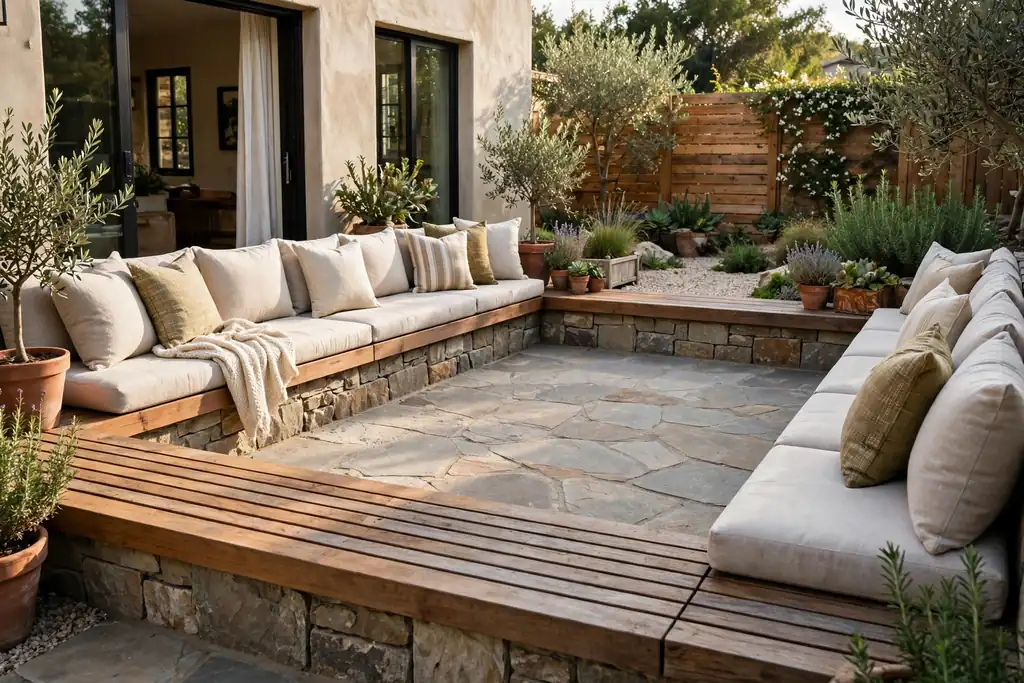 Built in bench with cushions running along the edge of a patio.