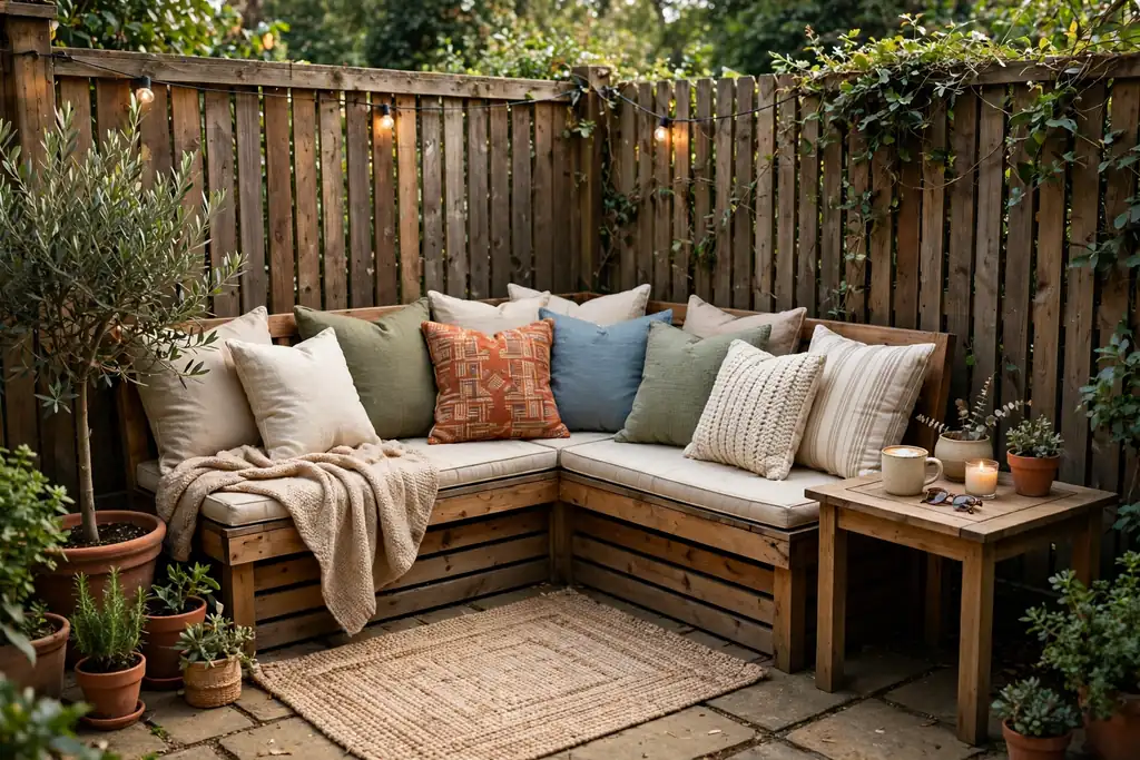 Corner nook with an L shaped bench, cushions, and a small square table on a patio.