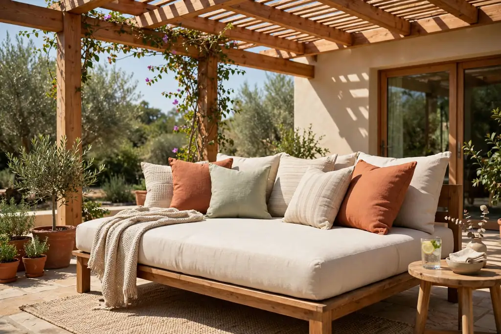 Outdoor daybed with a thick mattress pad and cushions under a pergola.