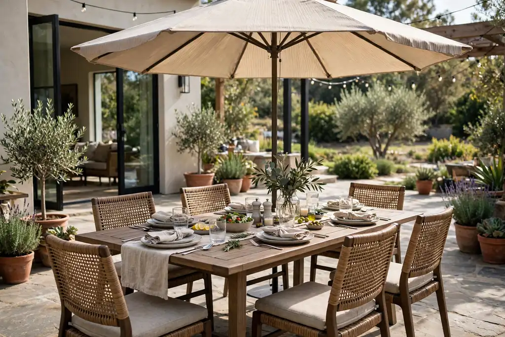 Outdoor dining table with six chairs set for a meal on a patio.