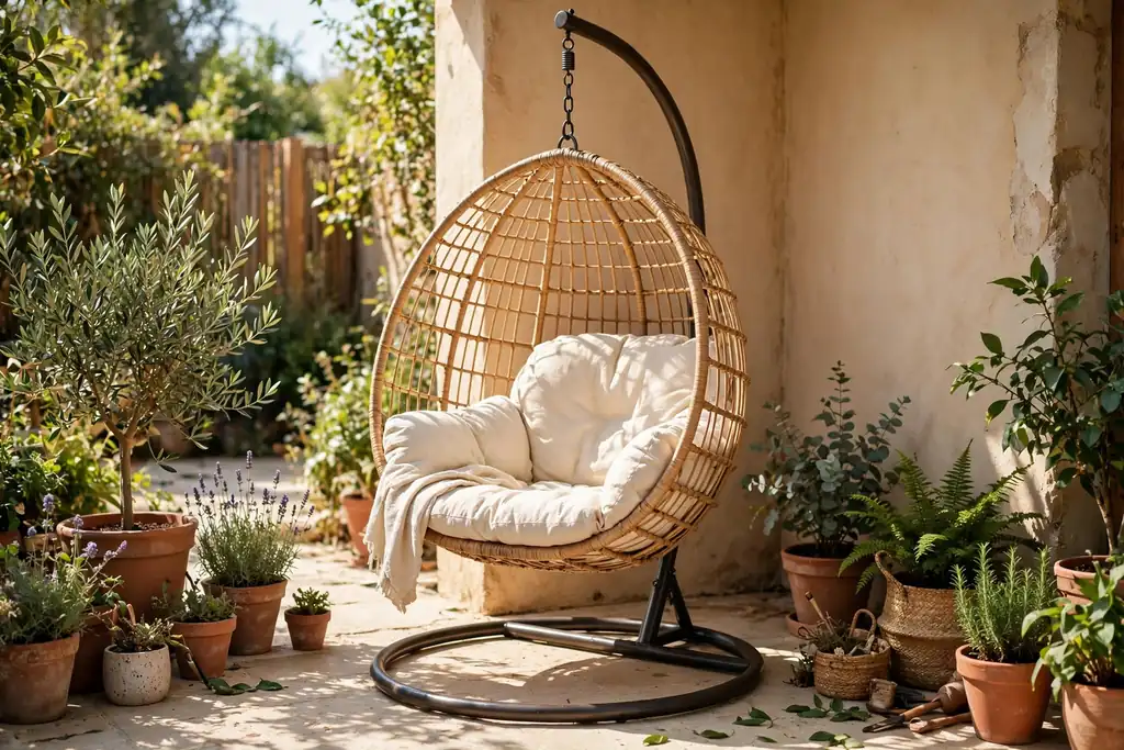 Hanging egg chair with a cushion standing in a patio corner.