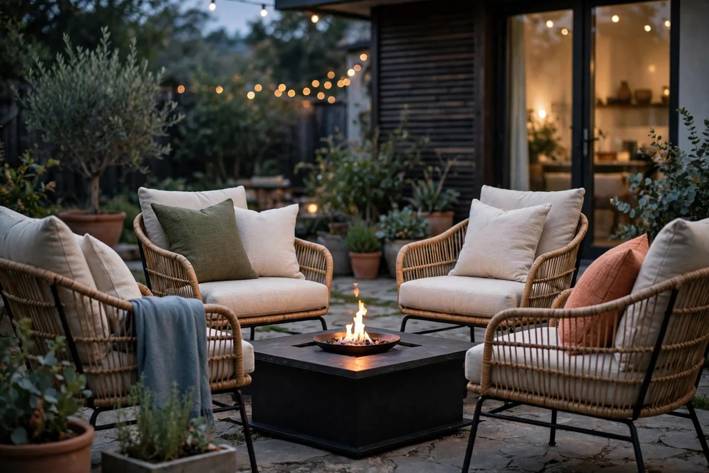 Conversation chairs arranged around a low fire table on a patio at dusk.