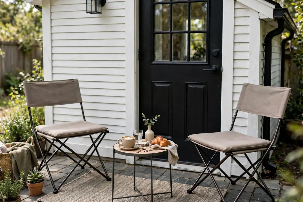 Two folding chairs with a small table on a tiny patio by a door.