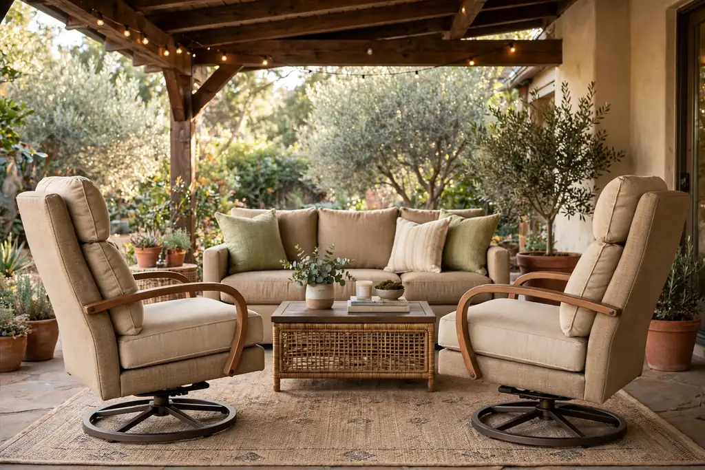Swivel glider chairs facing a sofa around a coffee table on a patio.