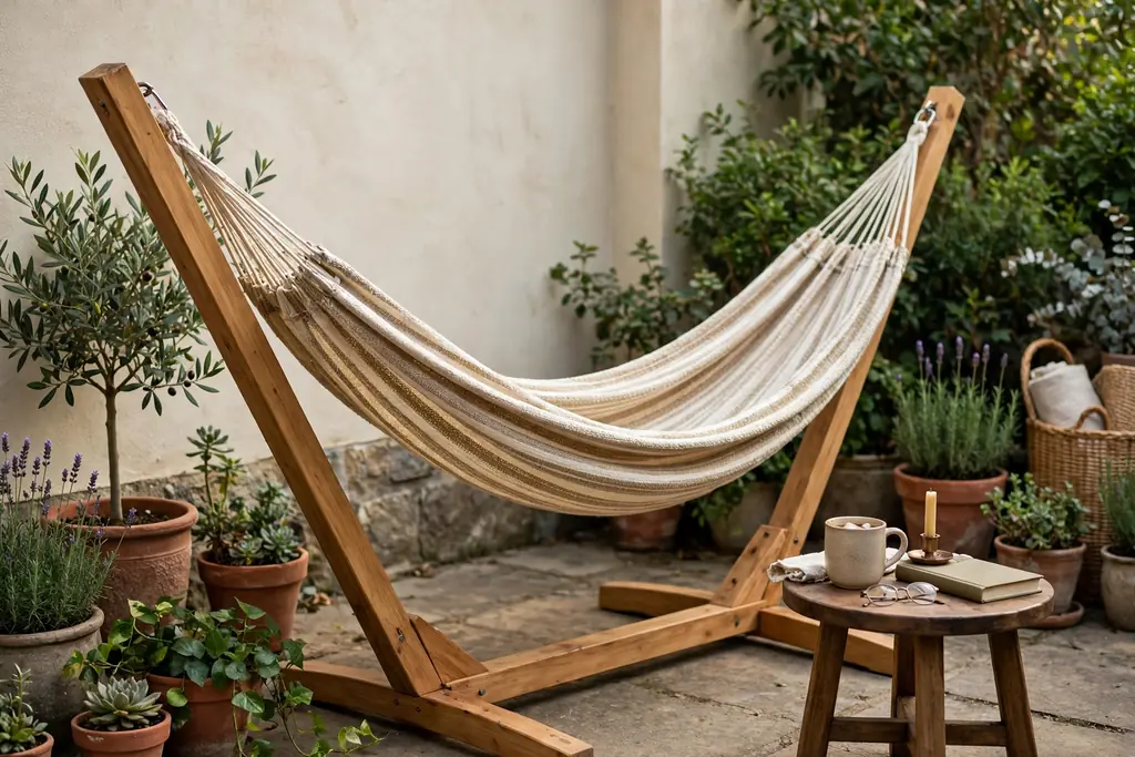 Freestanding hammock on a stand in a quiet patio corner.
