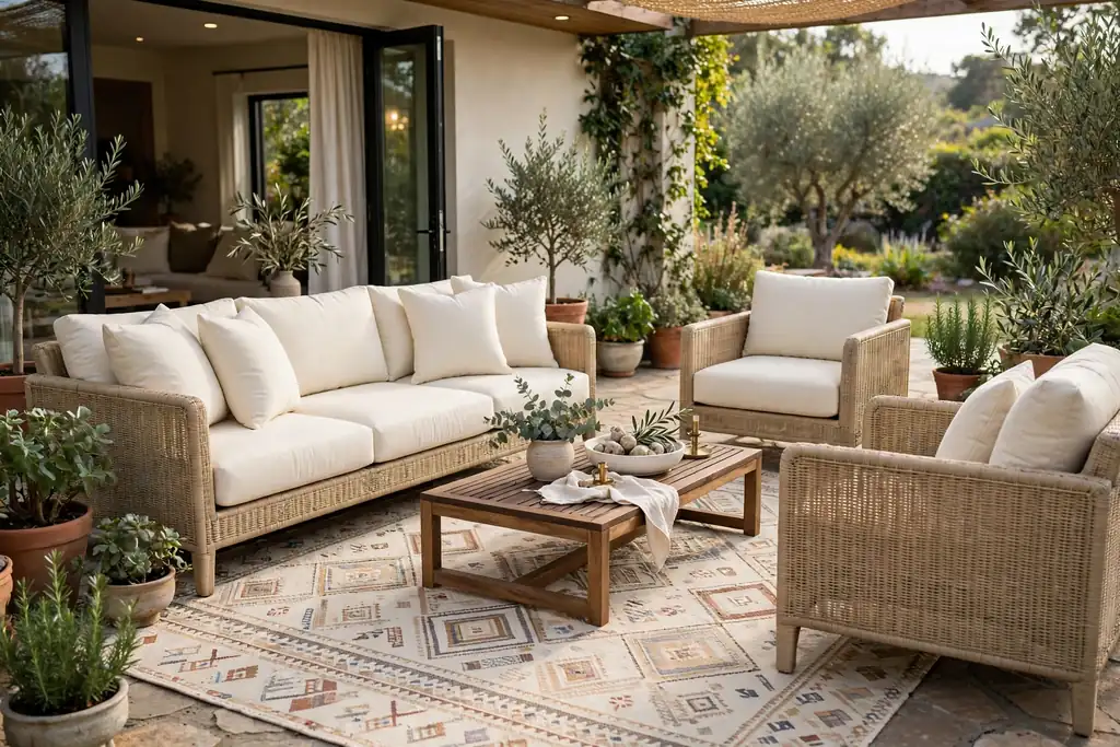 Deep seat outdoor lounge sofa set with thick cushions and a coffee table on a patio rug.