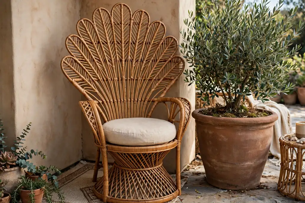 Rattan peacock chair with a round cushion in a patio corner beside a planter.