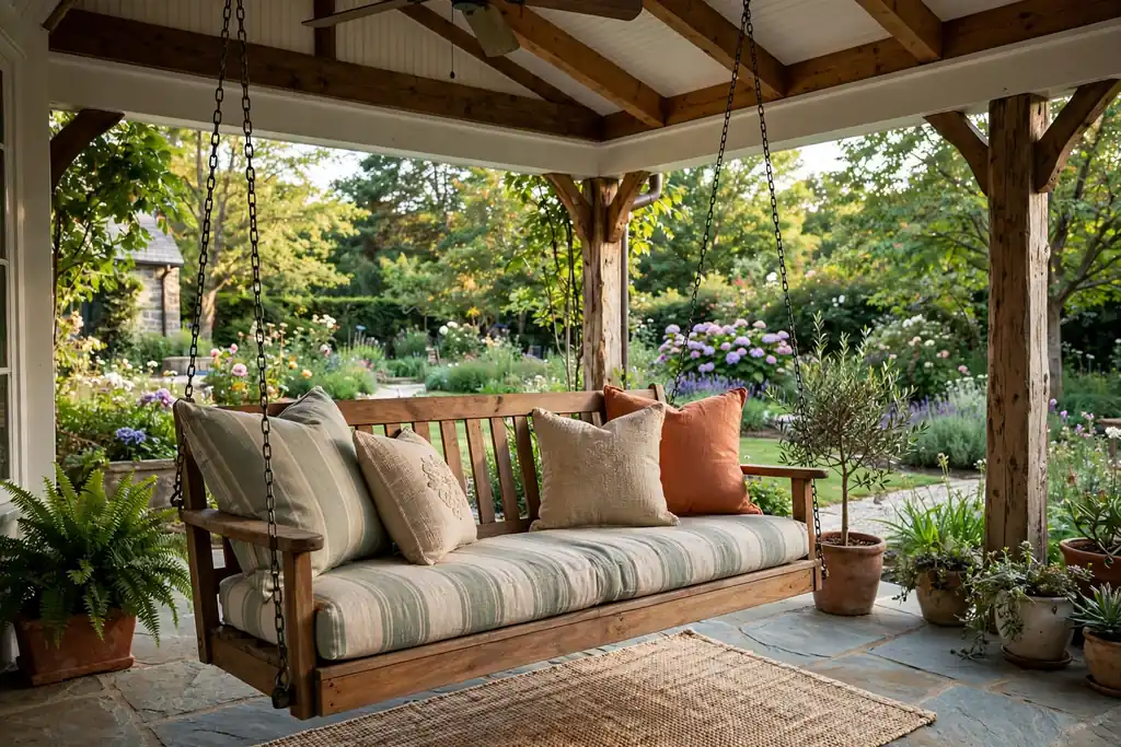 Porch swing with cushions hanging on a covered patio.