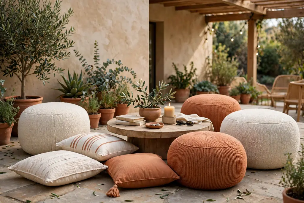 Poufs and floor cushions grouped around a low table on a patio.