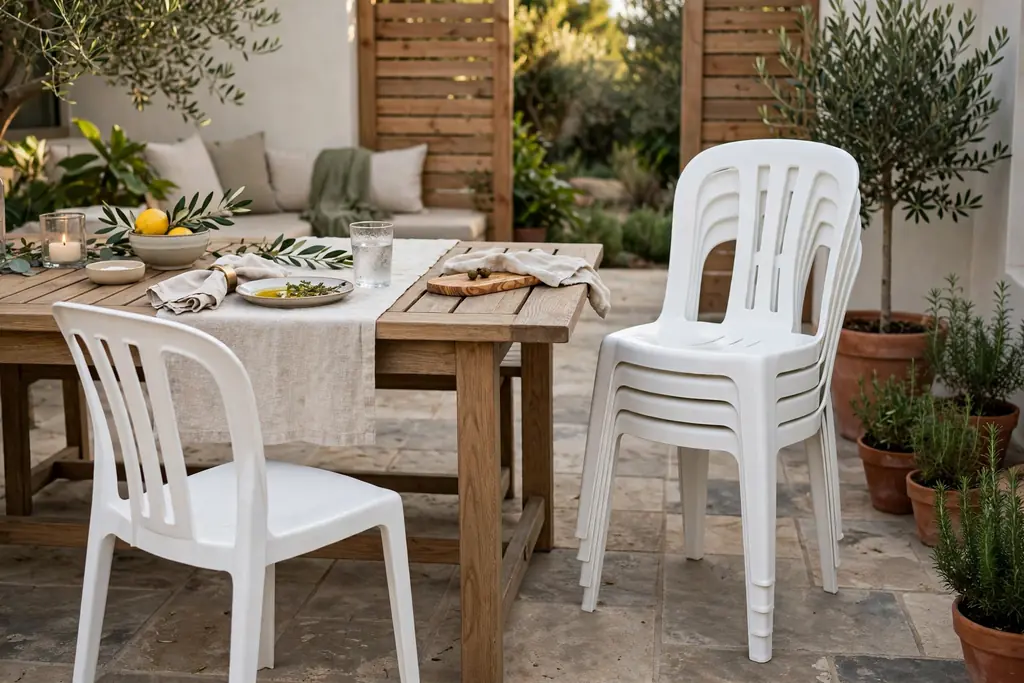 Stacked resin chairs beside a patio dining table.