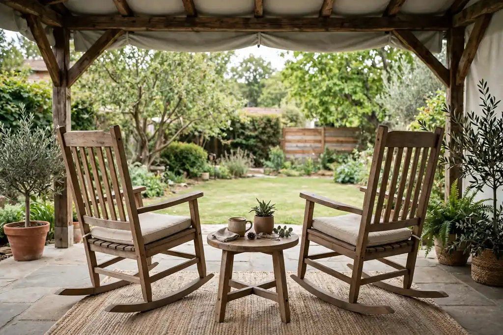 Two rocking chairs with a small table on a covered patio.