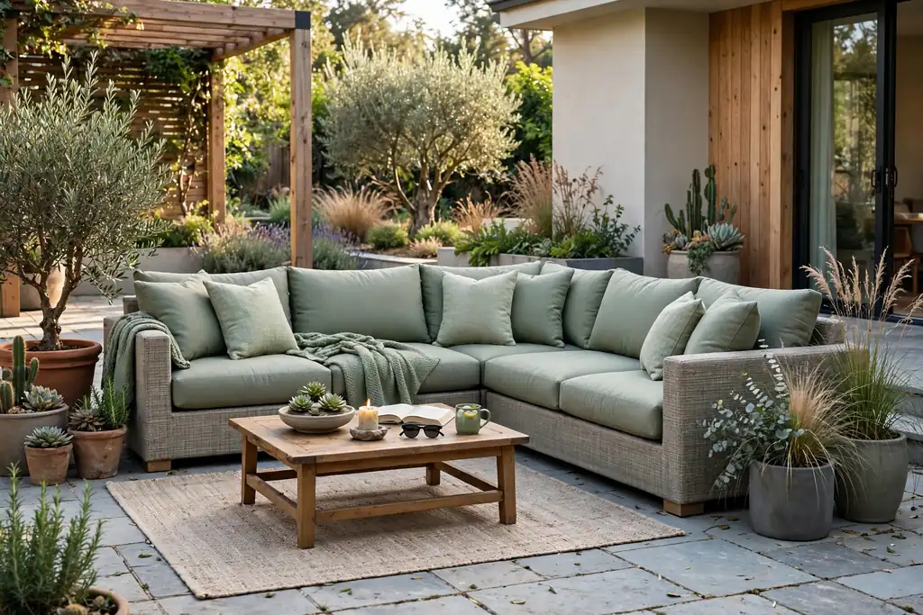 L shaped outdoor sectional with cushions on a large patio.