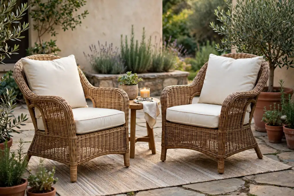 Two wicker armchairs with a small side table on a patio.