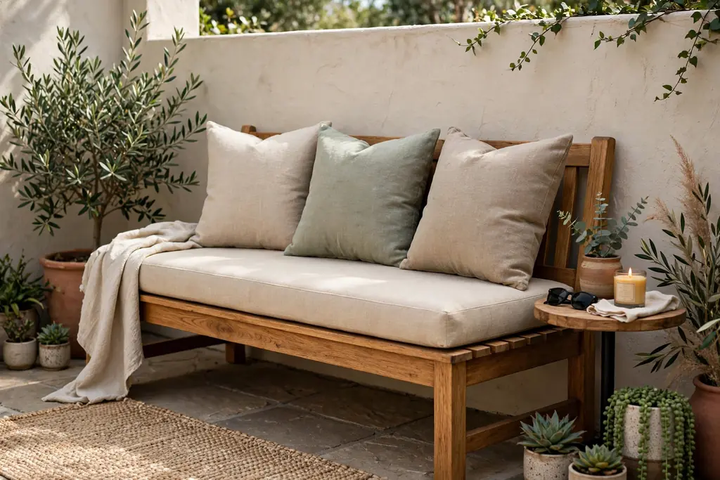 Wooden bench with cushions set along a patio wall.