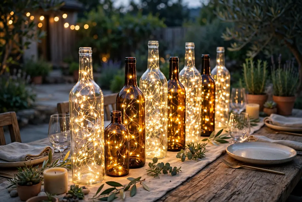 Clear and amber glass bottles filled with battery fairy lights down the center of an outdoor table in the evening.