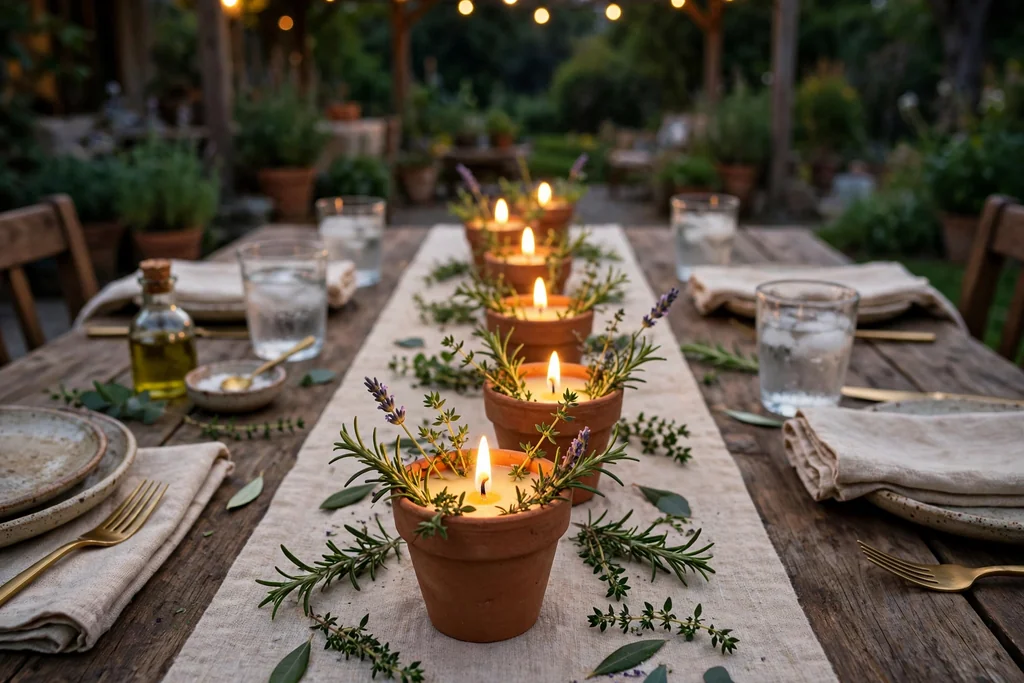 Citronella candles in small terracotta pots with herb sprigs down the center of an outdoor evening table.