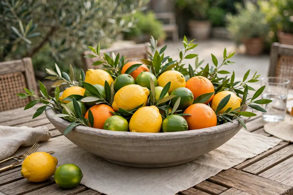 Wide shallow bowl filled with lemons, limes, and oranges with green leaves as a centerpiece on an outdoor table.