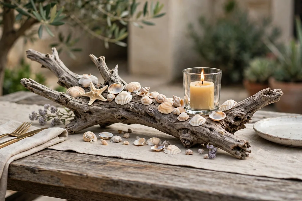 Driftwood piece with shells and a short candle in a glass holder as a centerpiece on an outdoor table.