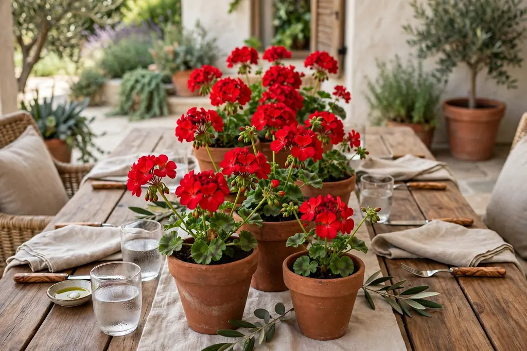 Terracotta pots of geraniums grouped down the center of a patio dining table.