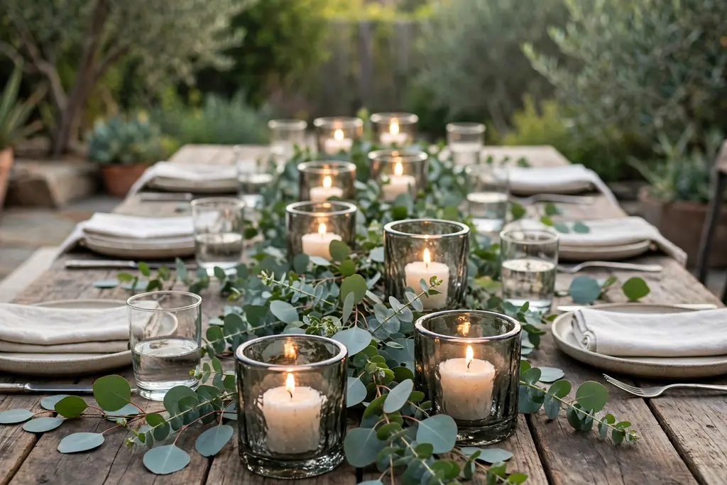 Low runner of eucalyptus branches with short candles in heavy glass holders down the center of an outdoor table.