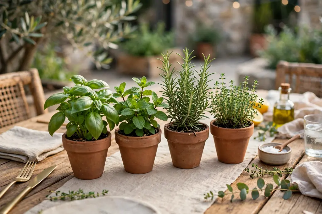 Small terracotta pots of basil, mint, rosemary, and thyme grouped down the center of an outdoor dining table.