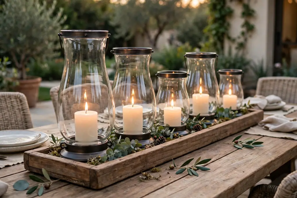 Glass hurricane lanterns of different heights with candles on a long wood tray down the center of an outdoor table.
