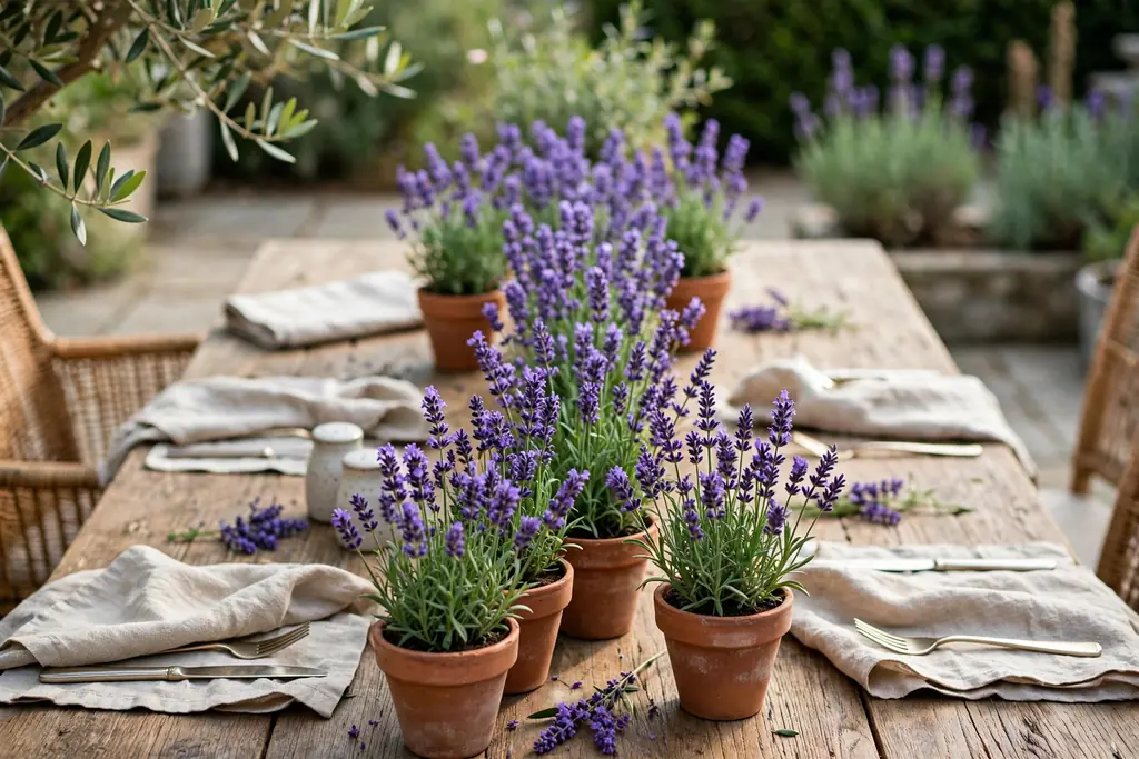Small pots of lavender grouped in a row down the center of an outdoor dining table.