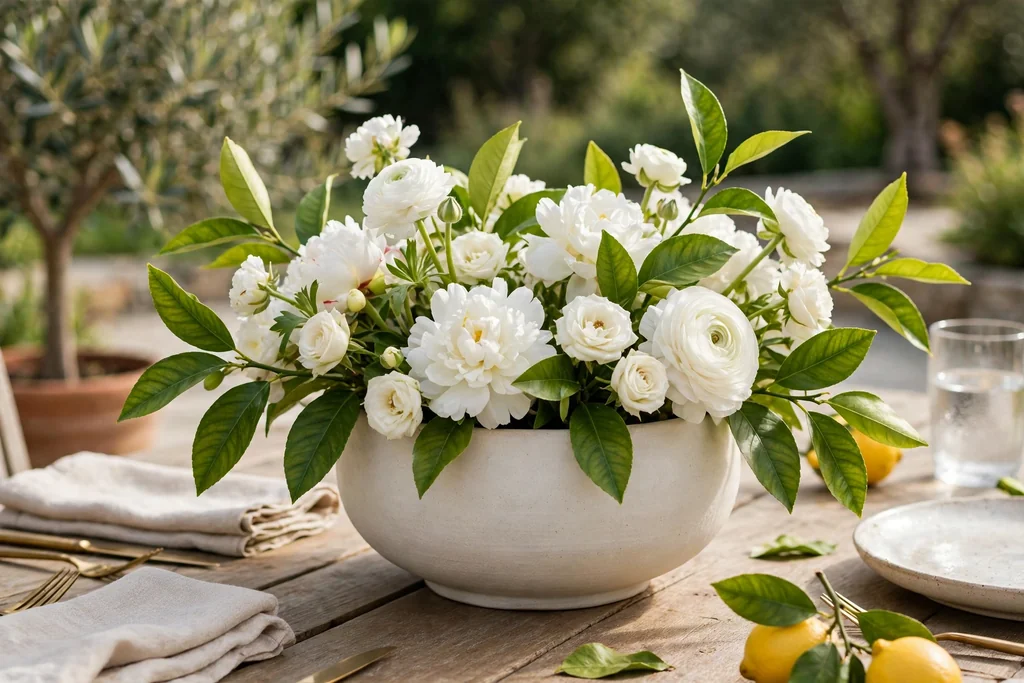 Low wide vase of white flowers with lemon leaves as a centerpiece on an outdoor dining table.
