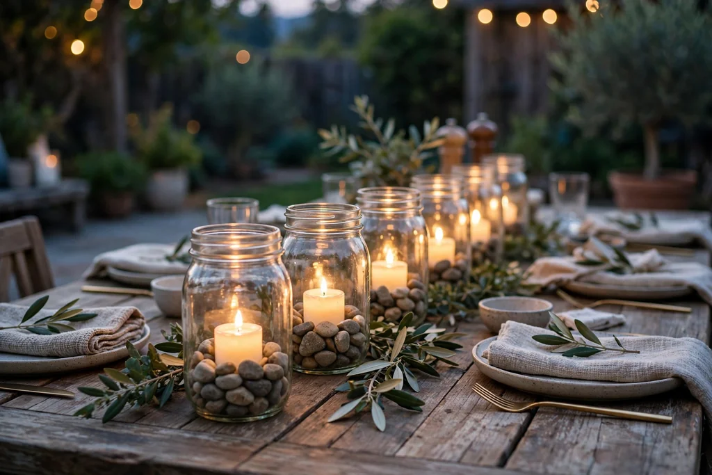 Mason jars with battery candles and stones in the bottom set down the center of an outdoor dining table in the evening.