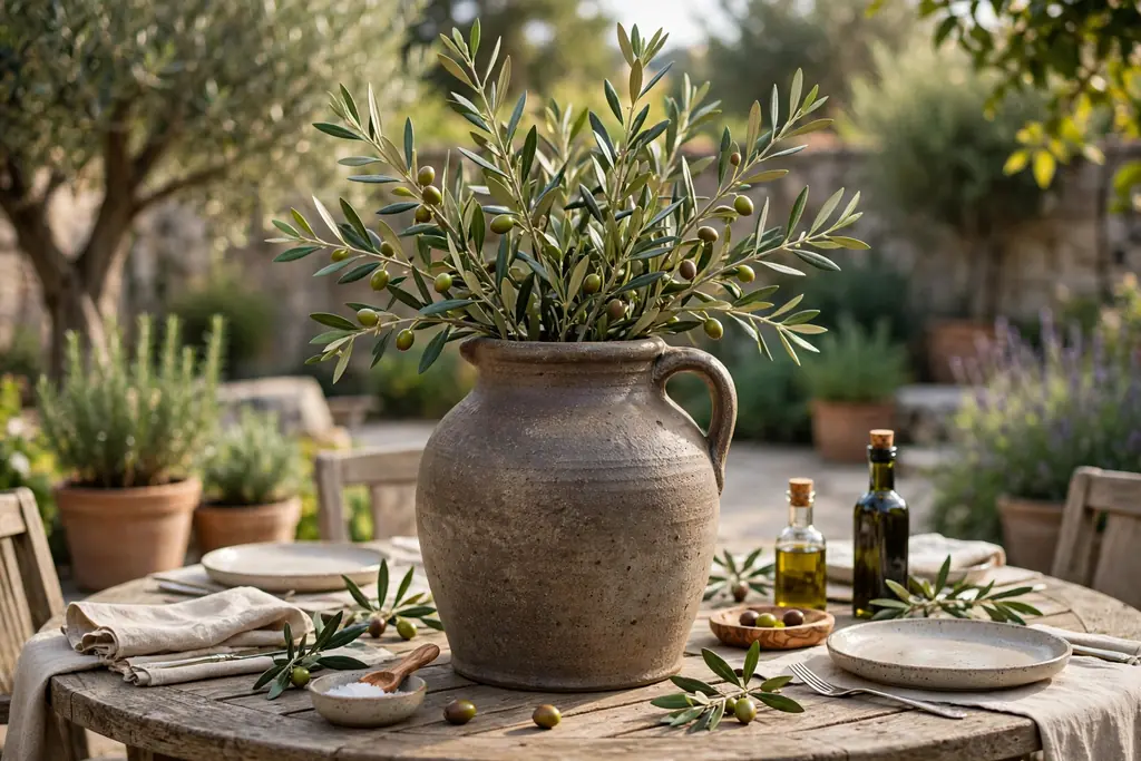 Olive sprigs standing in a heavy stoneware jug as a centerpiece on a round outdoor table.