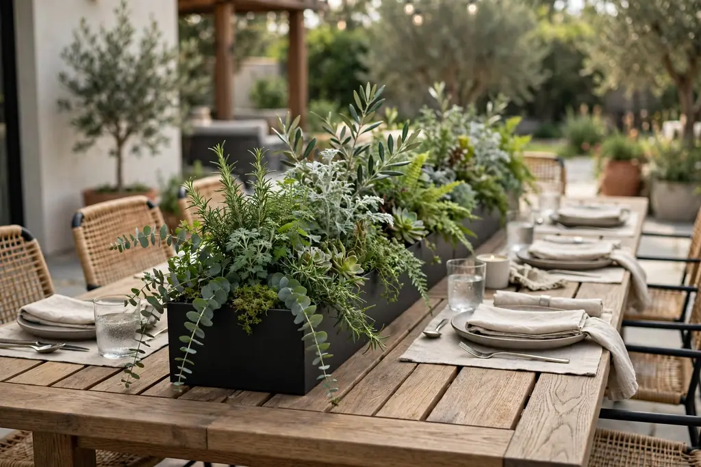 Long low planter box filled with mixed greens down the center of a rectangular outdoor dining table.