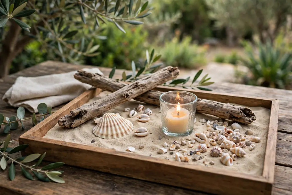 Shallow tray with sand, shells, driftwood, and a short candle in a glass holder on an outdoor table.