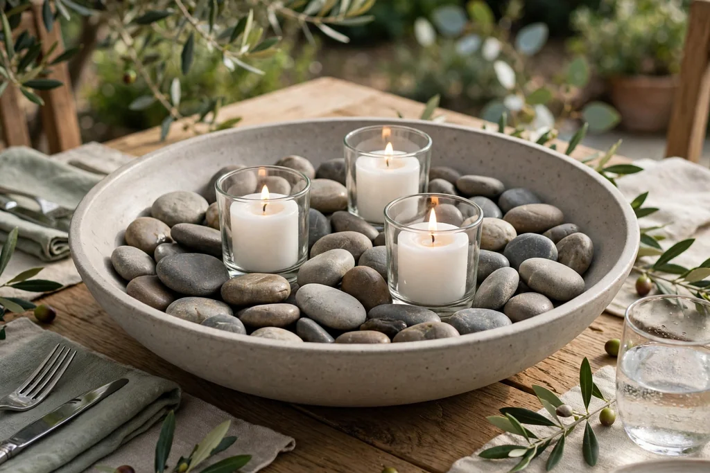Wide shallow bowl of smooth river stones with short pillar candles in glass holders on an outdoor table.