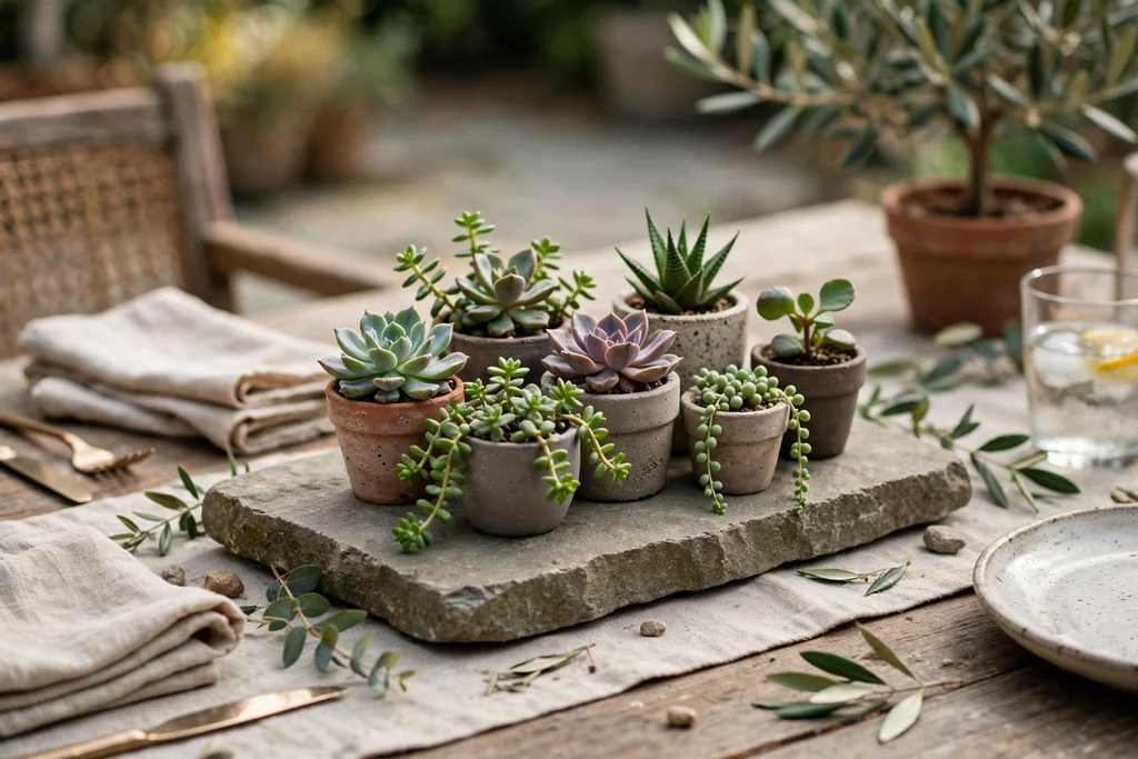 Succulent pots grouped on a flat stone slab as a centerpiece on an outdoor dining table.