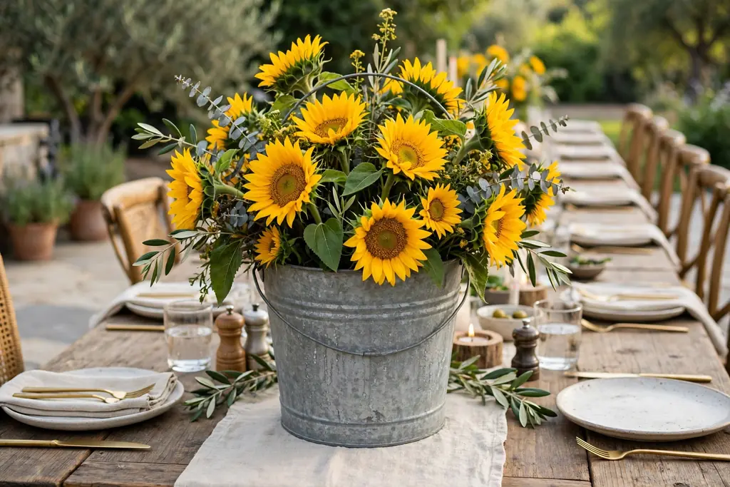 Galvanized bucket of sunflowers as a centerpiece on a long outdoor gathering table.